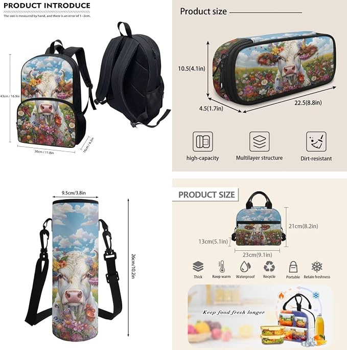 Cow Print Schoolbag for Girls，4Piece Flower Cow School Backpack with Insulated Lunch Box Pencil Case Bottle Holder Bag for Kindergarten，Primary Students - Image 3