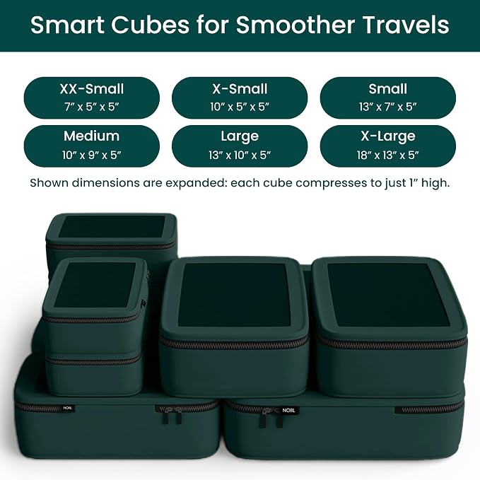 NOBL Travel Compressible Packing Cubes Set, 6 Pieces Travel Packing Organizers, Compression Luggage Cubes for Suitcases & Carry On, Space Saving (XXS, XS, S, M, L, XL) - Forest Green - Image 2