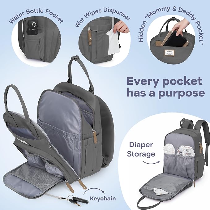 RUVALINO Diaper Bag Backpack, Multifunction Travel Back Pack Maternity Baby Changing Bags, Large Capacity, Waterproof and Stylish, Iron Gray - Image 4