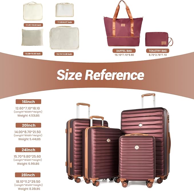 Travelhouse 10-Piece Hardshell Luggage Set with Spinner Wheels & TSA Lock | Lightweight ABS+PC hardside set includes 16", 20", 24", 28" suitcases + cosmetic case + duffel bag + packing cubes - Image 4