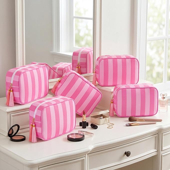 Kacctyen 6 Pack Bright Pink and Candy Pink Striped Makeup Bag bulk with Tassel Travel Cosmetic Pouch Organizer Large Zipper Toiletry Case for Women Aesthetic Storage Pouch Mahjong Tile Bag - Image 8