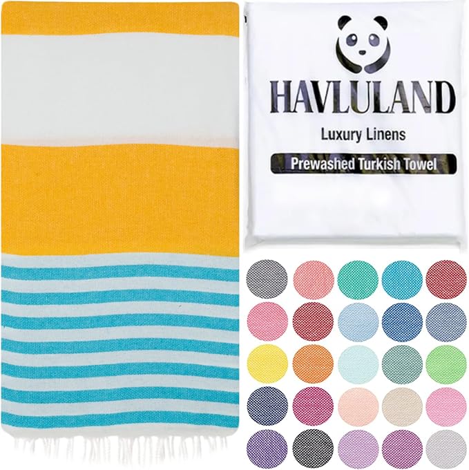 HAVLULAND Turkish Beach Towels, Oversized 40"x72" Turkish Bath Towel, Highly Absorbent Quick Dry Sand Free Beach Towels for Beach Pool Spa Gym Yoga Travel Camping Picnic Blanket - Yellow/Turquoise by Havluland