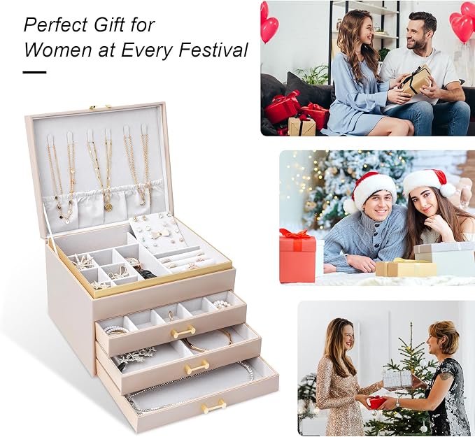 Large Jewelry Box, 4-Layer Leather Organizer, Apricot | 3 Drawers, Display Case, For Women Girls - Image 8
