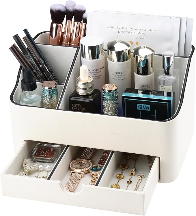 KINGFOM PU Leather Makeup Organizer with Drawer, Skincare Organizer for Vanity, Cosmetic Storage for Dresser Countertop, Beauty Holder for Lipstick Brush Skincare (Ivory White) by KingfomLeatherHomeOfficeDecor