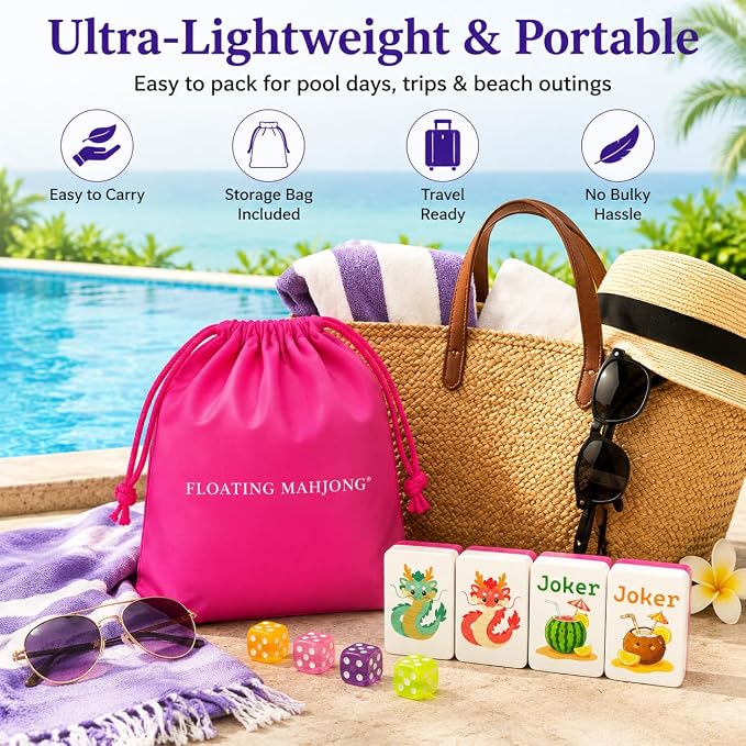 Floating Mahjong Tile Set for Pool,160 American Mahjong Tiles Waterproof EVA Foam with Dice Storage Bag for Pool Party Beach Vacation Summer Outdoor Game Set (Pink) - Image 5