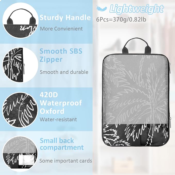 Tropical Palm Tree Travel Packing Cubes Set (7 Piece) | Ultra-Lightweight, Travel Organizers with Quick-Access Pockets, Cruise & Vacation Essentials for Carry-Ons, Black - Image 4
