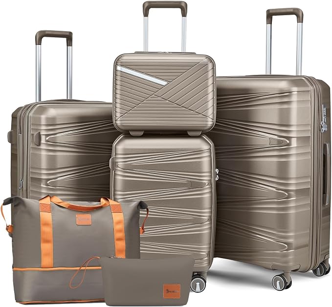 TRAVELEO 6 Piece Luggage Set PP Hardshell, Expandable Suitcase Set with Spinner Wheels (20/24/28), Includes 14" Cosmetic Case, Travel Duffel & Toiletry Bag, Lightweight TSA Lock Nested Set (Champagne) by Unknown