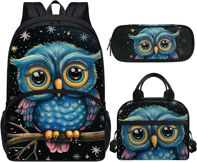 Owl Kids Bookbag for Girls School Bags for Boys 6-8 with Lunch Bag and Penicl Box Set Toddler Kindergarten Preschool Backpack for School, 3Pcs by Vanideaoty