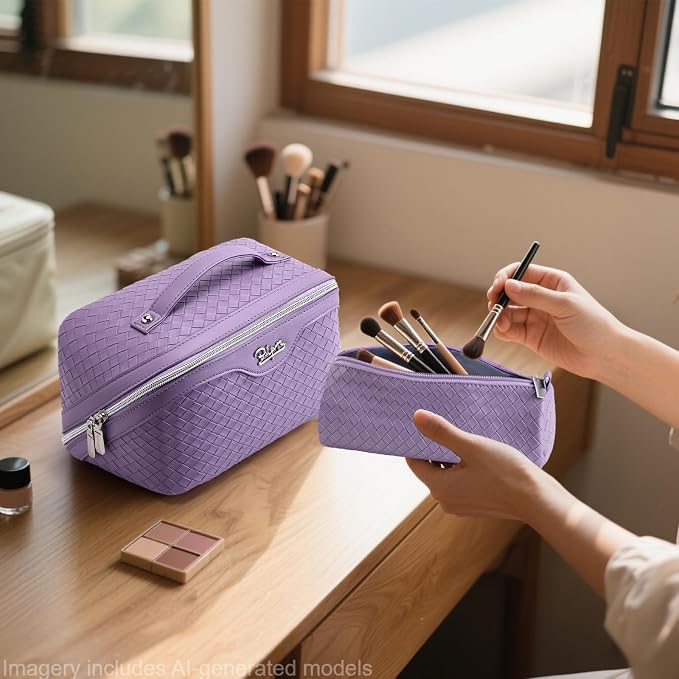 BOYATU Travel Makeup Bag Cosmetic Bags for Women: Large Capacity 3 Pcs Set Make up Bag with Compartments - Waterproof Vegan Leather Toiletry Organizer Bags with Handle (L01 Purple) - Image 8