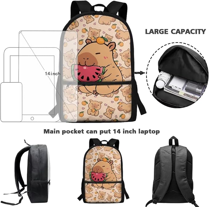Capybara Backpack for Kids Cute Backpack with Lunchbox Pencil Case and Bottle Holder Bookmark Set of 5 Back to School Gifts Matching 5Pcs Bookbag Set for Girls Boys - Image 4