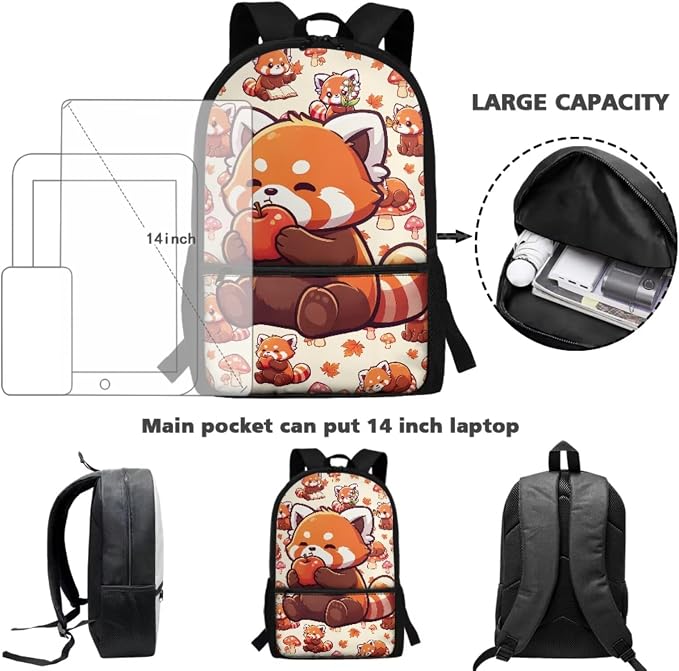 4 In 1 Kids School Combo Set - Red Panda Backpack and Lunch Box Pencil Case Water Bottle Holder for Girls Boys Back to School Supplies, Cute Animal Bookbag, Adjustable Padded Strap - Image 4