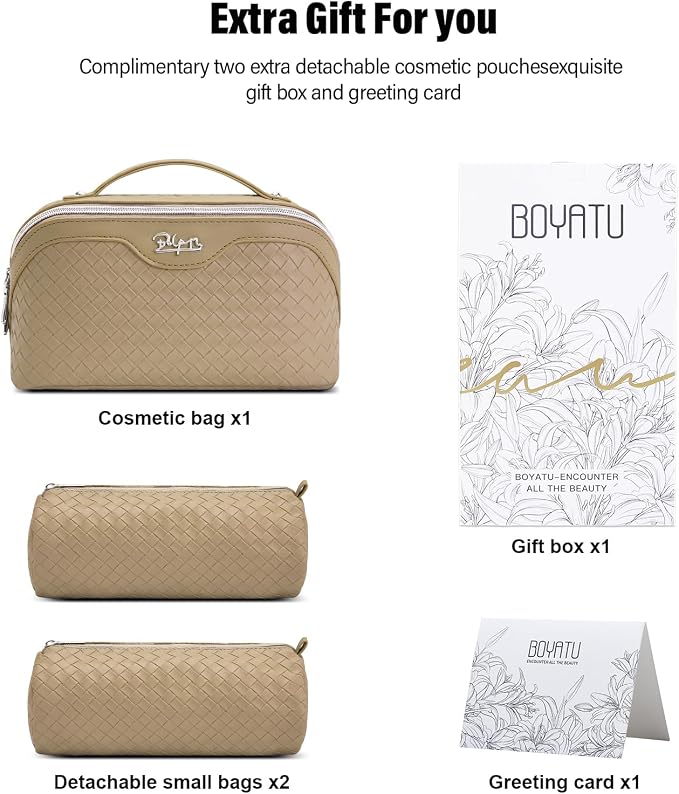 BOYATU Travel Makeup Bag Cosmetic Bags for Women: Large Capacity 3 Pcs Set Make up Bag with Compartments - Waterproof Vegan Leather Toiletry Organizer Bags with Handle (L12 Apricot) - Image 6