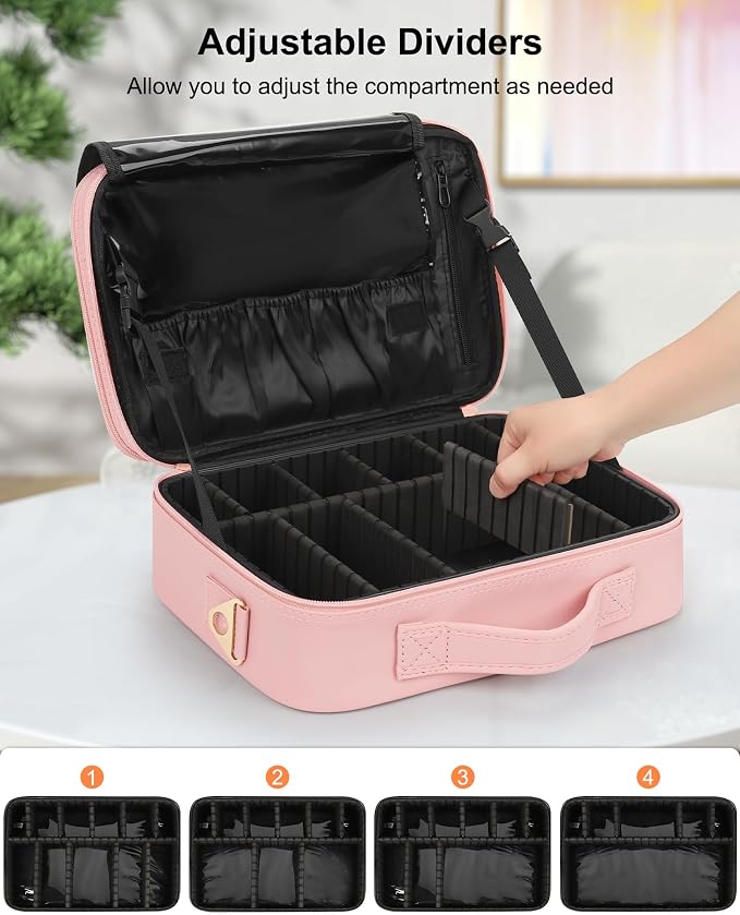Relavel Makeup Bag Travel Makeup Train Case 13 inches Large Cosmetic Case Professional Portable Makeup Brush Holder Organizer and Storage with Adjustable Dividers and Shoulder Strap (Pink) - Image 6