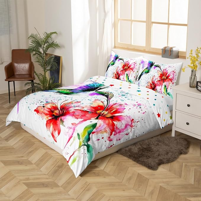 Hummingbird Duvet Cover Red Lotus Comforter Cover for Boys Girls Child Kids Colorful Tie Dye Bedding Sets,Vintage Abstract Art Design Duvet Cover Flowers Rustic Style Duvet Cover, King Size - Image 2