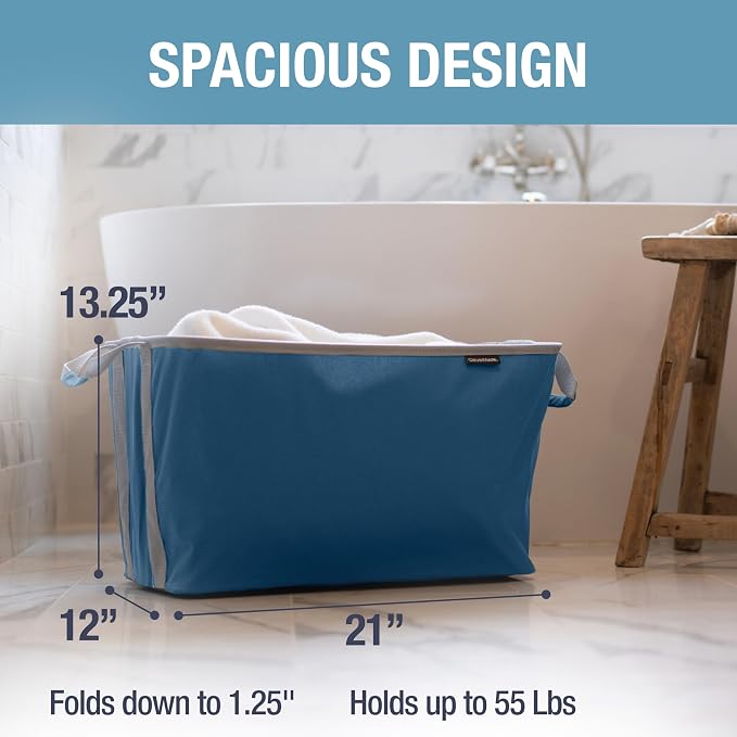 CleverMade Collapsible Laundry Basket 2 Pack – 60L (16 Gal) Foldable Clothes Hamper with Reinforced Handles, Space Saving Fabric Laundry Bin, Holds 55 lbs, Flat Folding for Dorm, Apartment & RV - Denim - Image 3