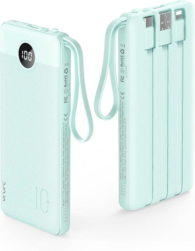 VRURC Portable Phone Charger, Portable Charger USB C 10000mAh, 5 Outputs 2 Inputs Travel Battery Power Bank Built-in Cables Cords for iPhone 17 Pro 17 16 15 14 13,Samsung,Android-Green(1 Pack)