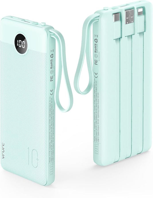 VRURC Portable Phone Charger, Portable Charger USB C 10000mAh, 5 Outputs 2 Inputs Travel Battery Power Bank Built-in Cables Cords for iPhone 17 Pro 17 16 15 14 13,Samsung,Android-Green(1 Pack)
