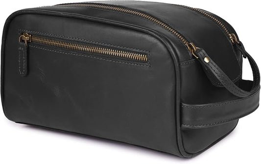 Full Grain Leather Toiletry Bag for Men & Women – Water-Resistant Travel Shaving Kit Organizer with YKK Zipper, Spacious Bathroom Grooming & Cosmetic Storage Case - Black by LeatherLatch
