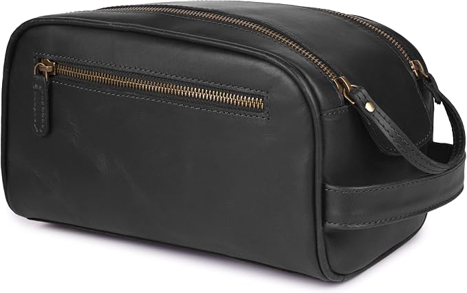 Full Grain Leather Toiletry Bag for Men & Women – Water-Resistant Travel Shaving Kit Organizer with YKK Zipper, Spacious Bathroom Grooming & Cosmetic Storage Case - Black by LeatherLatch