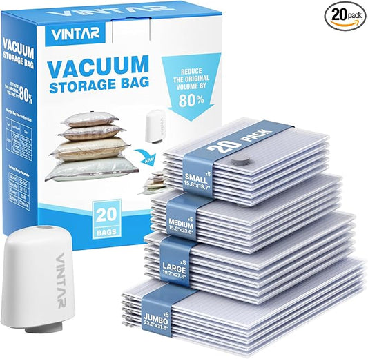 Vacuum Seal Bags for Clothing Travel with Rechargeable Cordless Pump, VINTAR 20 Pack Space Saver Vacuum Storage Bags(5J+5L+5M+5S), Compression Packing Bags for Luggage and Suitcase by VINTAR