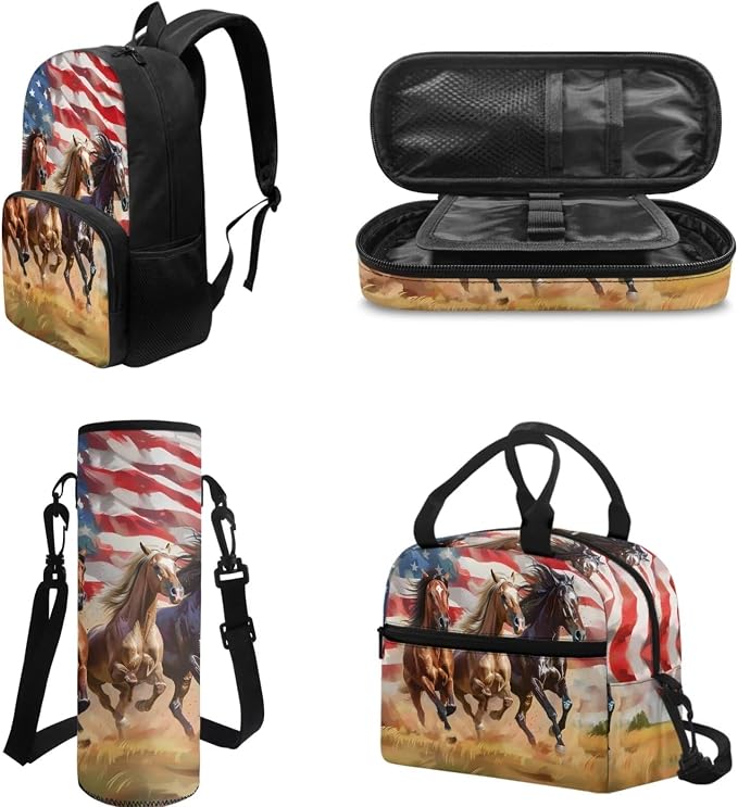 POLERO American Flag Horse Backpack and Lunch Box Set with Pencil Case Water Bottle Holder Teen Kids School Bookbag Daypack - Image 3