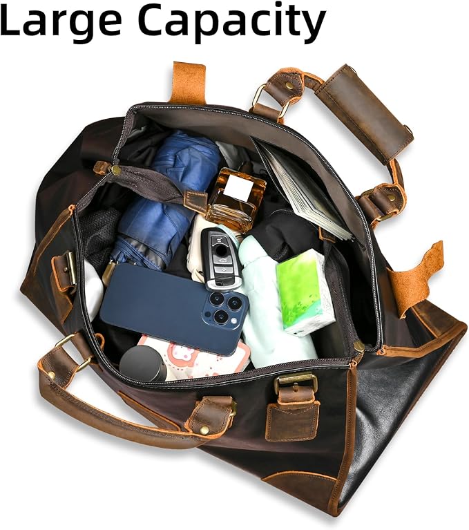 Water Resistant Canvas + Leather Travel Luggage Tote Duffle Gym Suitcase Weekender Overnight Bag For Men Male FB8151 (X-8151-Black) - Image 6