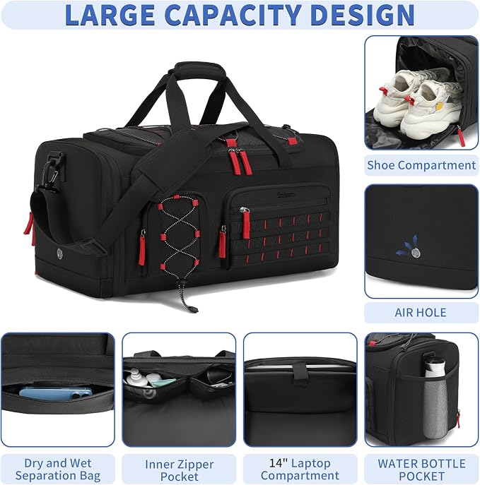 Bosstin Gym Bag for Men & Women, 45L Travel Duffle Sports Duffel Bag Gym Weekender Overnight Backpack with Shoe Compartment (Black) - Image 3