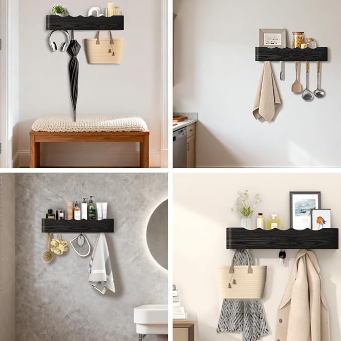 Wall Mounted Coat Rack with Shelf, Wooden Entryway Organizer with Hidden Metal Hooks for Hanging Coats Bags Keys, Modern Floating Shelf for Hallway Bathroom - Image 8