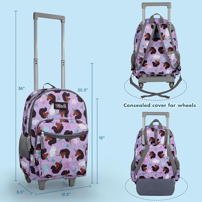 Tilami Rolling Backpack for Kids 18 Inch Double Handle Wheeled Bookbag for Boys & Girls for School & Travel,Brown unicorn - Image 3