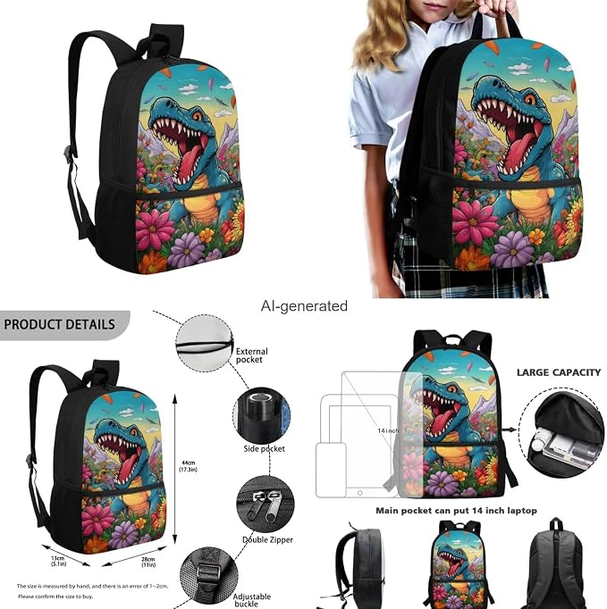 Dinosaur Backpack for Kids 5-7 Girls Backpack with Lunch Box Water Bottle Holder with Strap and Cute Pencil Case 4PCS Set Bookbag with Front Pocket for School 17 inch Large School Bag for Boys - Image 3