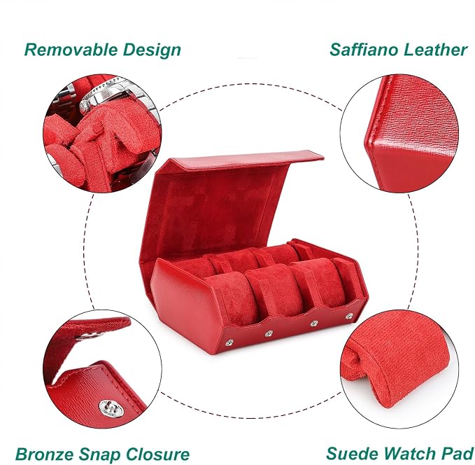 Hiram Saffiano Leather Hexagon Watch Roll Travel Case, Leather 6-Watches Roll Case with Removable Pillow Cushion for Treasured Watches and Bracelets - Red - Image 3