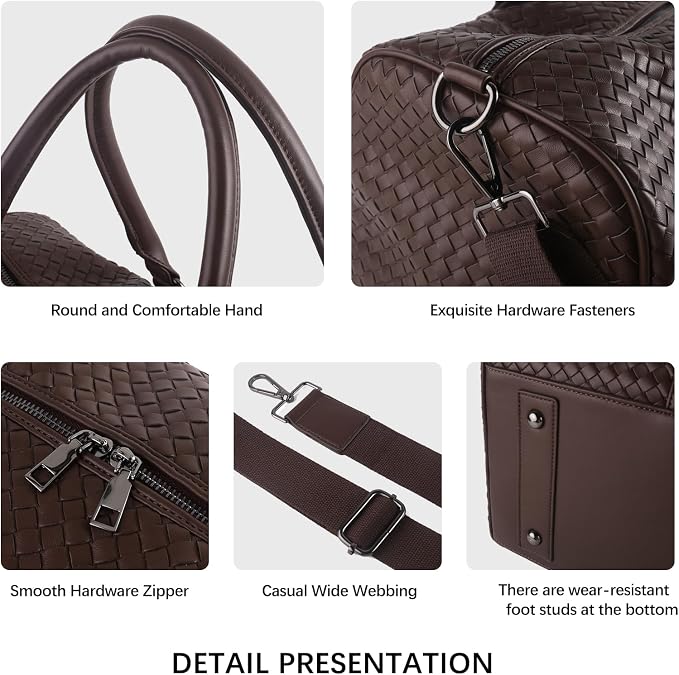 Weekender Bag for Women Men Water-resistant Gym Tote, Leather Woven Travel Duffel Bags with Shoe Compartment - Image 6