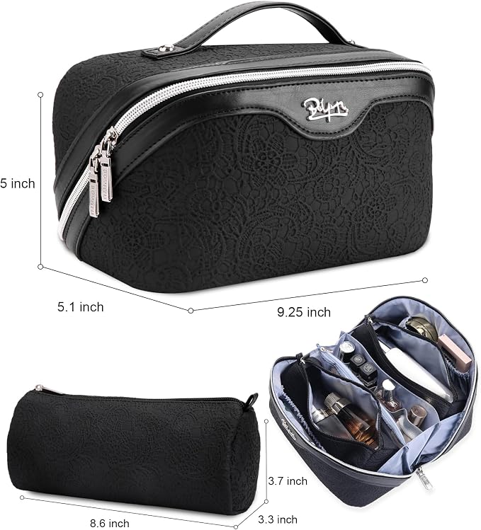 BOYATU Travel Makeup Bags Cosmetic Organizer Bag: 3-Set Large Capacity Make up Bag - PU Leather Toiletry Bags for Women - Wide Open Portable Pouch with Divider & Handle (A-Black) - Image 2