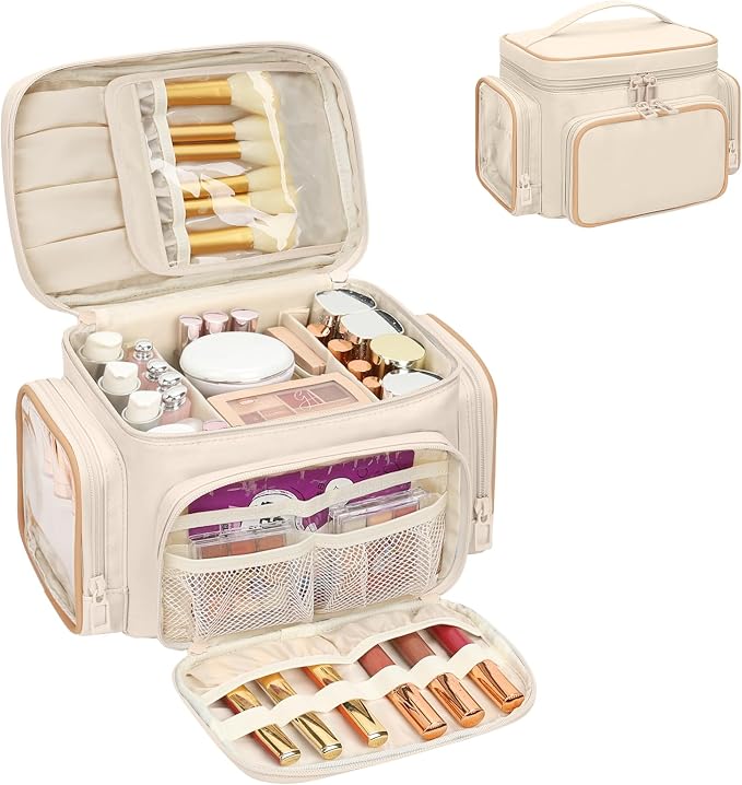 Bagmoly Large Makeup Bag, Portable Travel Makeup Bag Organizer for Women Girls with Makeup Brush Compartment & Two Side Pockets, Cosmetic Travel Bag Vertical Storage Toiletry - White by OrganizeYourMakeup