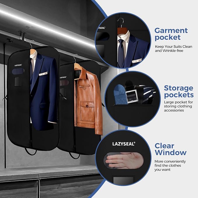 2 Pack 43" Garment Bag for Closet Storage and Travel, Tear-Resistant Waterproof Dustproof, Suit Bag for Hanging Clothes with Zippers and Pocket, Durable 600D Oxford Fabric for Suits, Dresses - Image 3