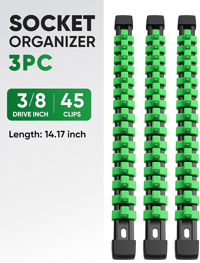 ALOANES 3PC ABS Socket Organizer, Socket Rails Fit 3/8 inch Drive | Portable Heavy Duty Socket Holders Hold up 45 Sockets for Mechanics Toolbox Drawer Bags(Green) - Image 2