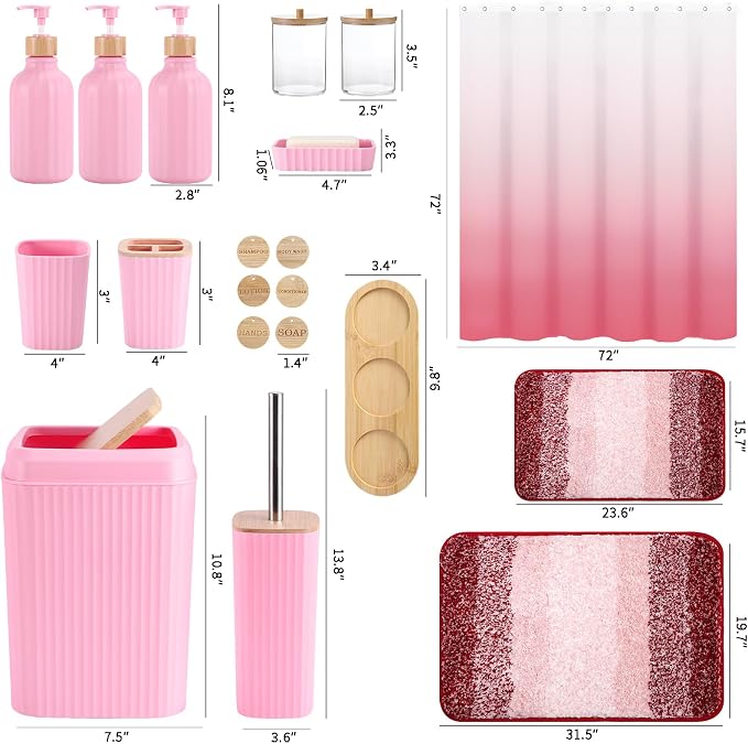 XLHOMO Bathroom Accessories,Bathroom Set with Shower Curtain,Rugs,Trash Can,Lotion Soap Dispenser,Toothbrush Holder,Soap Dish, Tags with Tray（Pink1 ），（Bath Set+Shower Curtain+Bath Rugs） - Image 6