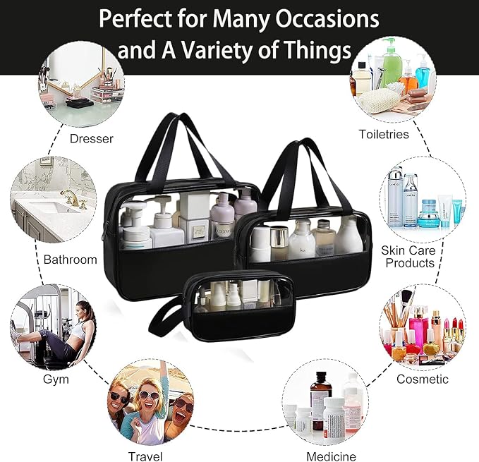 Travel Makeup Pouch Set Toiletry Bag Cosmetic Organizer Bag for Women and Girls Toiletry Storage Kit, 3 Pcs Set - Black, Travel Accessories - Image 3