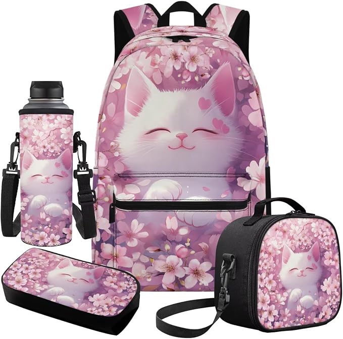 Cat Backpack for School Girls Cute Pink Backpack and Lunch Box for Girls School Bag Set 4-in-1, Lightweight 17" Kids Bookbag Ages 8-10 10-12 Teens Daypack Purse - Image 2