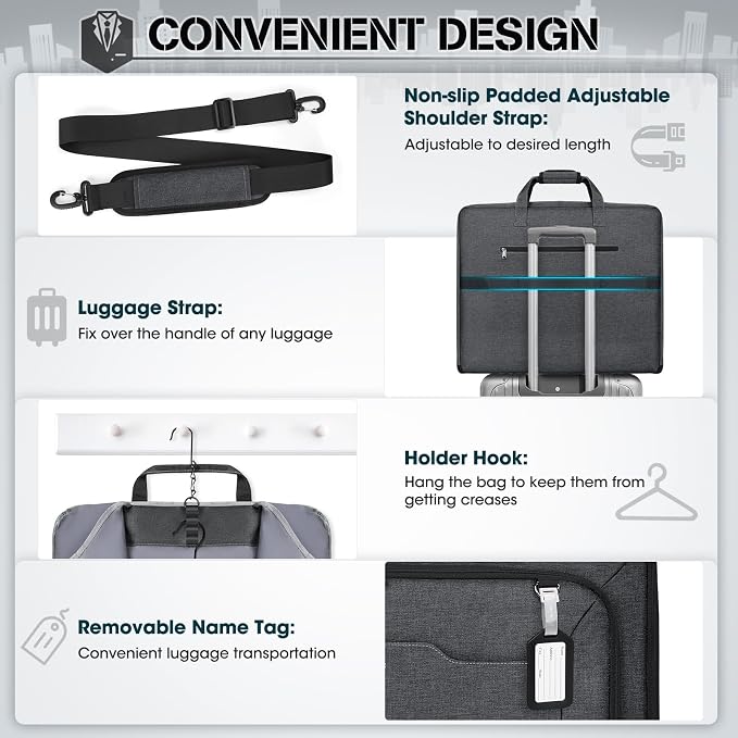 RAINSMORE Garment Bags for Travel Carry On Garment Bag for Hanging Clothes, Suit Bag for Business Trips with Shoes bag & Shoulder Strap, Waterproof Foldable Suit Luggage Bag for Men Women, Gray - Image 5