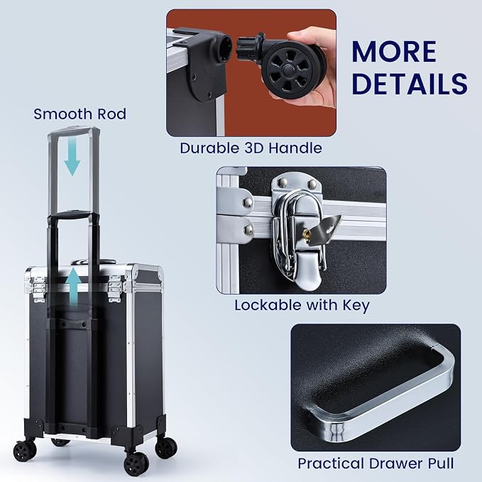 Professional Rolling Makeup Train Case with Drawers, Large Cosmetic Trolley with Locks, Cosmetics Storage Organizer Make up Case for Travel Makeup/Nail Art/Hair Styling, Matte Black - Image 6
