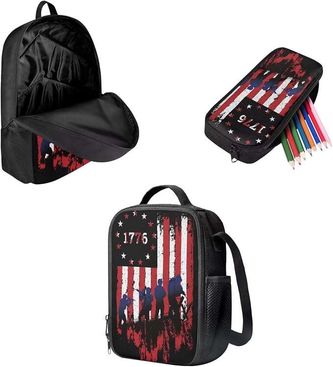 Mumeson 1776 Flag Backpack Kids School Backpack 3 Pack Set Back to School Backpack Set School Supplies Daypack with Lunch Bag Zipper Closure Pencil Case - Image 2