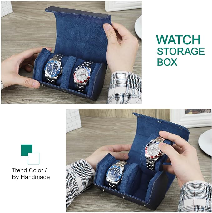 Hiram Genuine Leather Saffiano Watch Roll Travel Case, Leather 2-Watches Roll Case for Treasured Watches and Bracelets(Blue) - Image 5