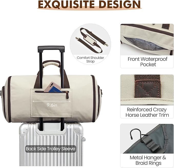 S-ZONE Garment Bag for Travel Convertible Duffle Bag Suit Bag for Men Women | 2-in-1 Hanging Suitcase, with Toiletry Bag, Wet/Dry Pockets, Shoe Compartment, Trolley Sleeve, Carry-on size, Beige - Image 4