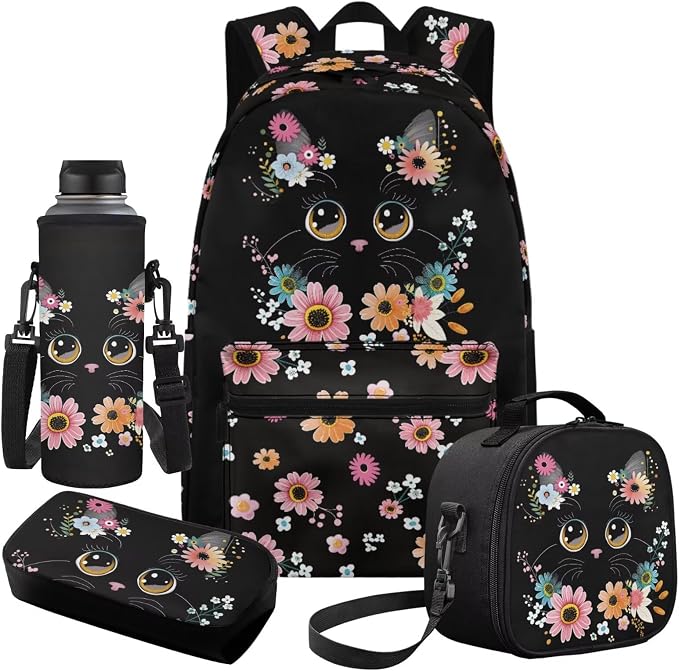 Girls Backpacks Ages 8-10 6-8 Cute Black Cat Floral Backpacks for Boys with Lunch Box 4 Piece School Bag Set 17 inch Kids Bookbag with Adjustable Starps Teens Back Pack Daypack - Image 2