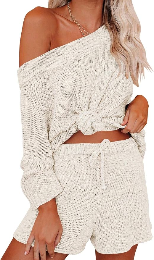 Ermonn Womens 2 Piece Outfits Sweater Sets Off Shoulder Knit Tops Waist Short Suits Casual Pajama Set - Image 2