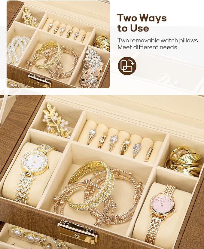 Homde Synthetic Leather Huge Jewelry Box Mirrored Watch Organizer Necklace Ring Earring Storage Lockable Gift Case (Brown + Gold) - Image 4