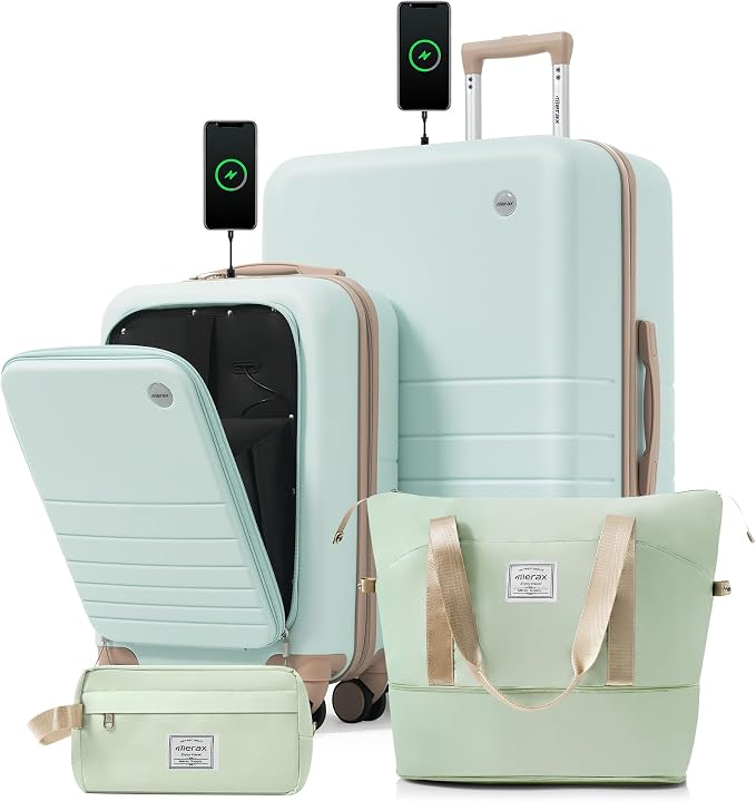 4-Piece Luggage Set, Suitcase with TSA Lock Travel Duffel Bag Wet-Dry Toiletry Bag, Green Front-Opening by Merax
