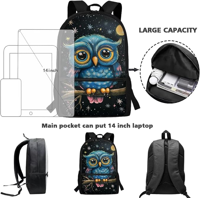 Owl Backpack for School Owl Boys Bookbag with Lunch Box Set of 5 Boys Printed 5 Pcs Bookbag Set Pencil Case Water Bottle Sleeve Bookmark School Supplies - Image 4