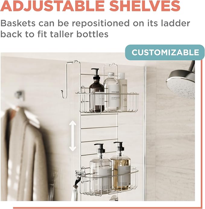 Zenna Home Shower Caddy Hanging Over the Shower Door Organizer, Stainless Steel Rack with 2 Shelves and Built in Hooks, Bathroom Organizer Shelf for Inside Shower, Stainless Steel - Image 4